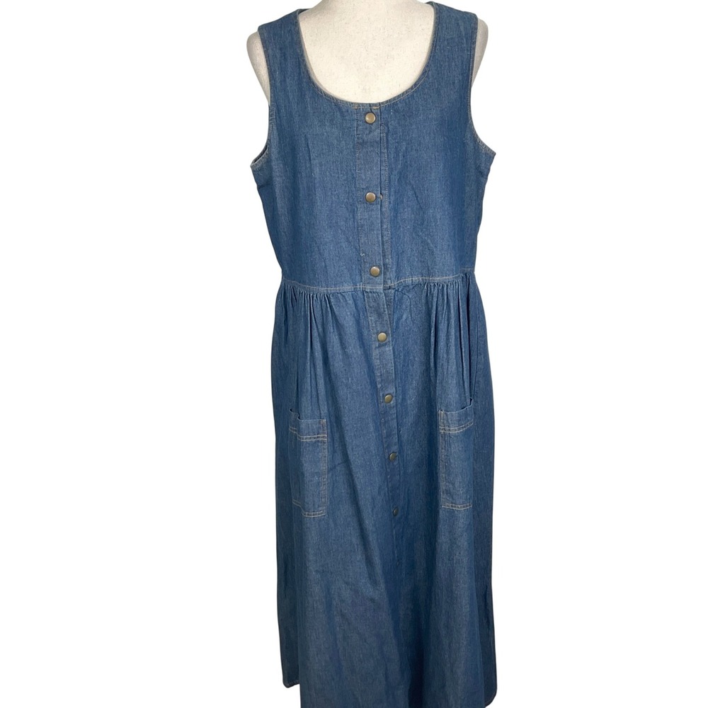 Moda Int'l‎ Dress Women 14 Blue Sleeveless Button Cotton Denim Jumper USA VTG